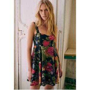 SEZANE Salie Navy‎ Floral Print Square Neck Fit Flare Dress Women's Sz 14 French